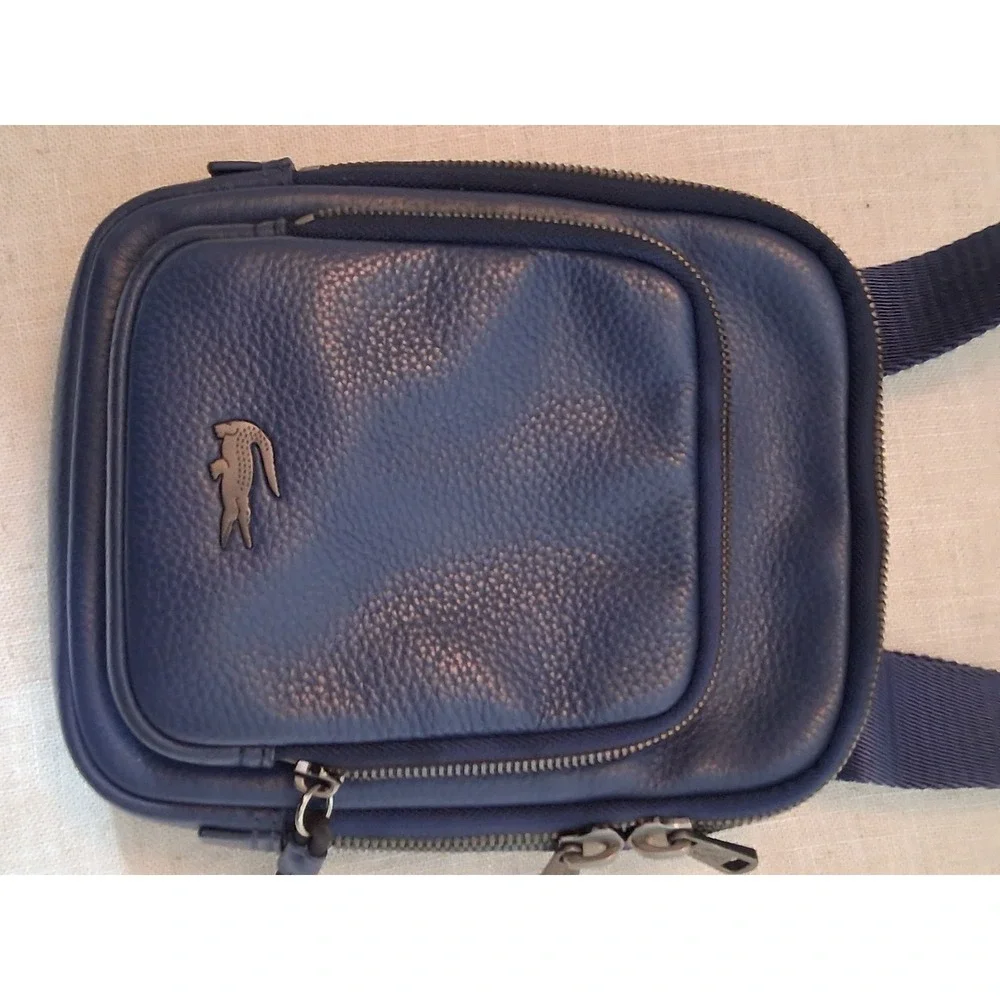 Lacoste Chantaco Navy Blue Pique Leather Vertical Camera Crossbody Bag NH3271CE